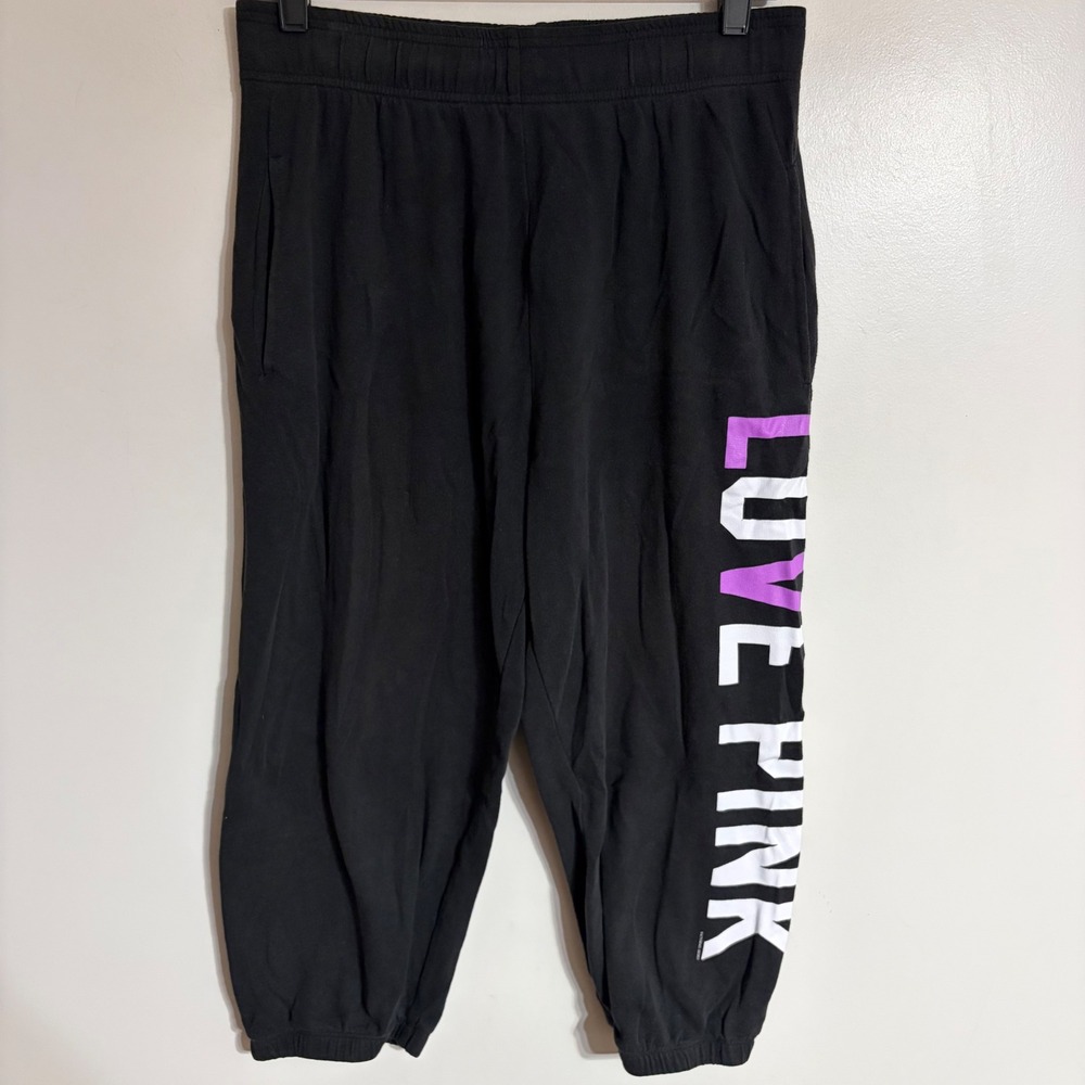 Pink Victoria's Secret Black Love Pink Graphic Cropped Jogger Sweatpants Medium